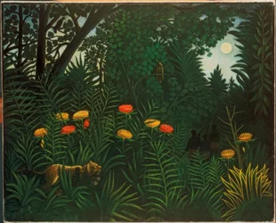 Exotisch landschap met tijger en jagers